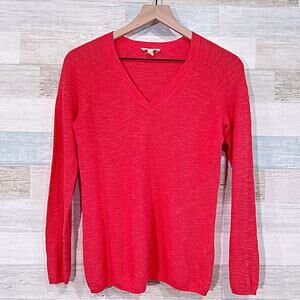 Eileen Fisher Organic Linen Blend V Sweater Red Lightweight Knit Womens Small